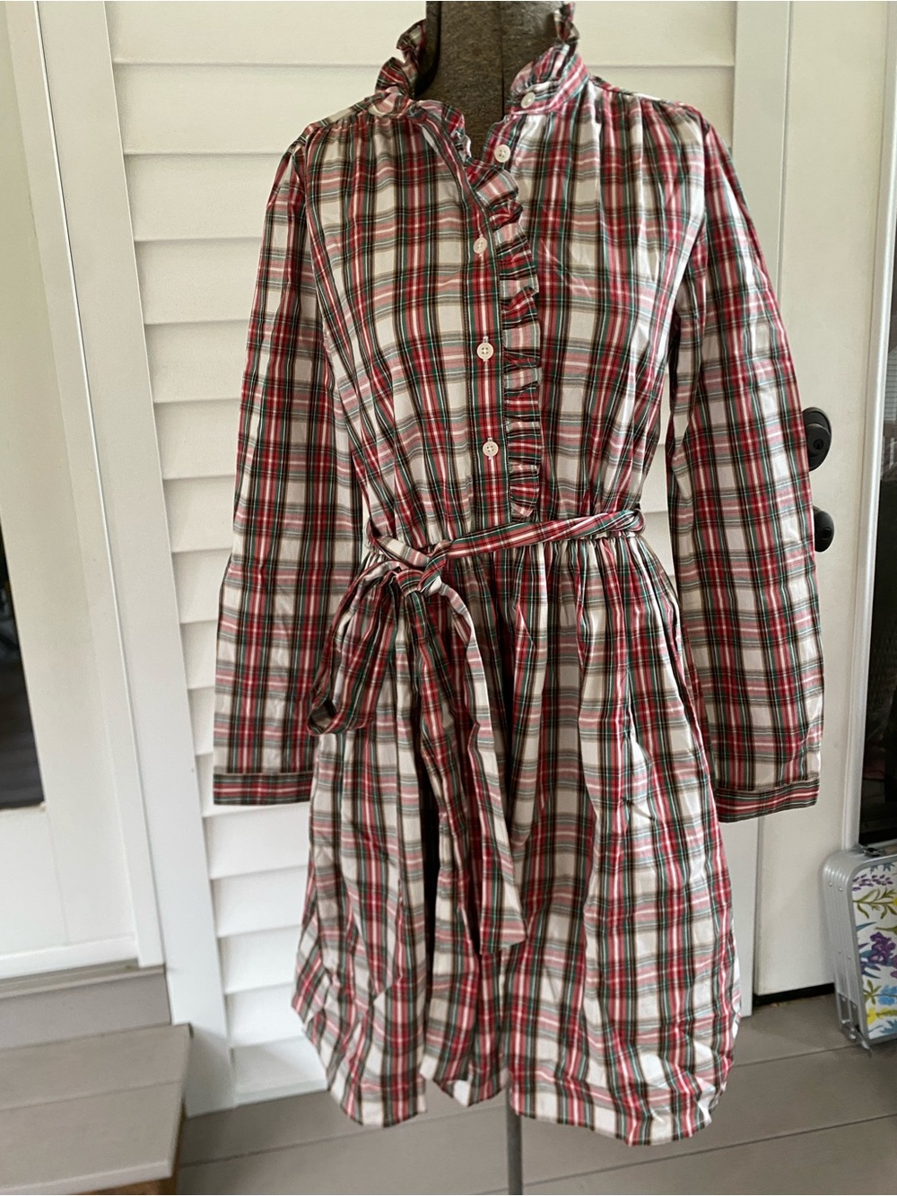 J. Crew Red, Green, White Plaid Ruffle-Front Tie-Waist Dress